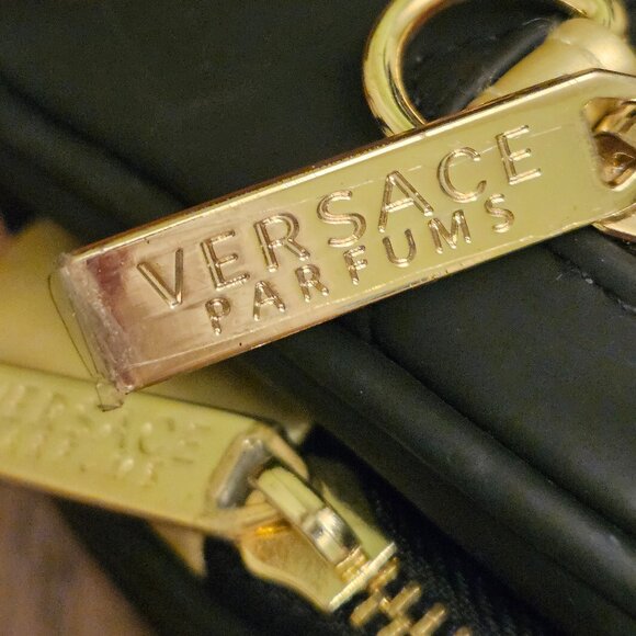 Black Versace Parfums Medusa Head Case & Gold Chain 7"x5". 3 Zippered Pockets - Picture 3 of 7
